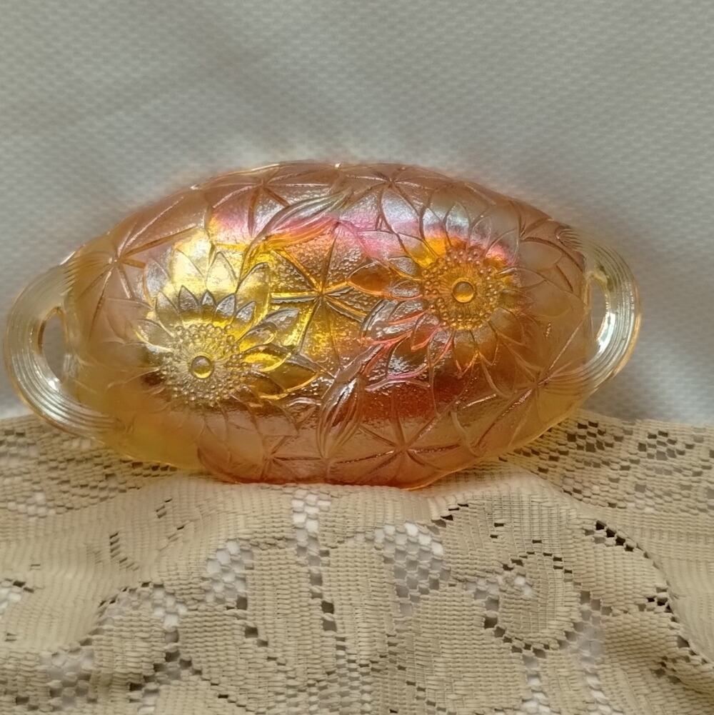 Vintage Indiana Glass Amber Iridescent Carnival Glass Leaf Oval Serving Tray 10"